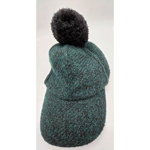 Vintage Green Tweed Wool Cap With Black Pom-Pom & Ear Flaps - Picture 1 of 8